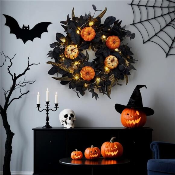 New 18 in Halloween Wreaths for Front Door, Fall Wreath with 15 LED Lights & - Picture 1 of 7